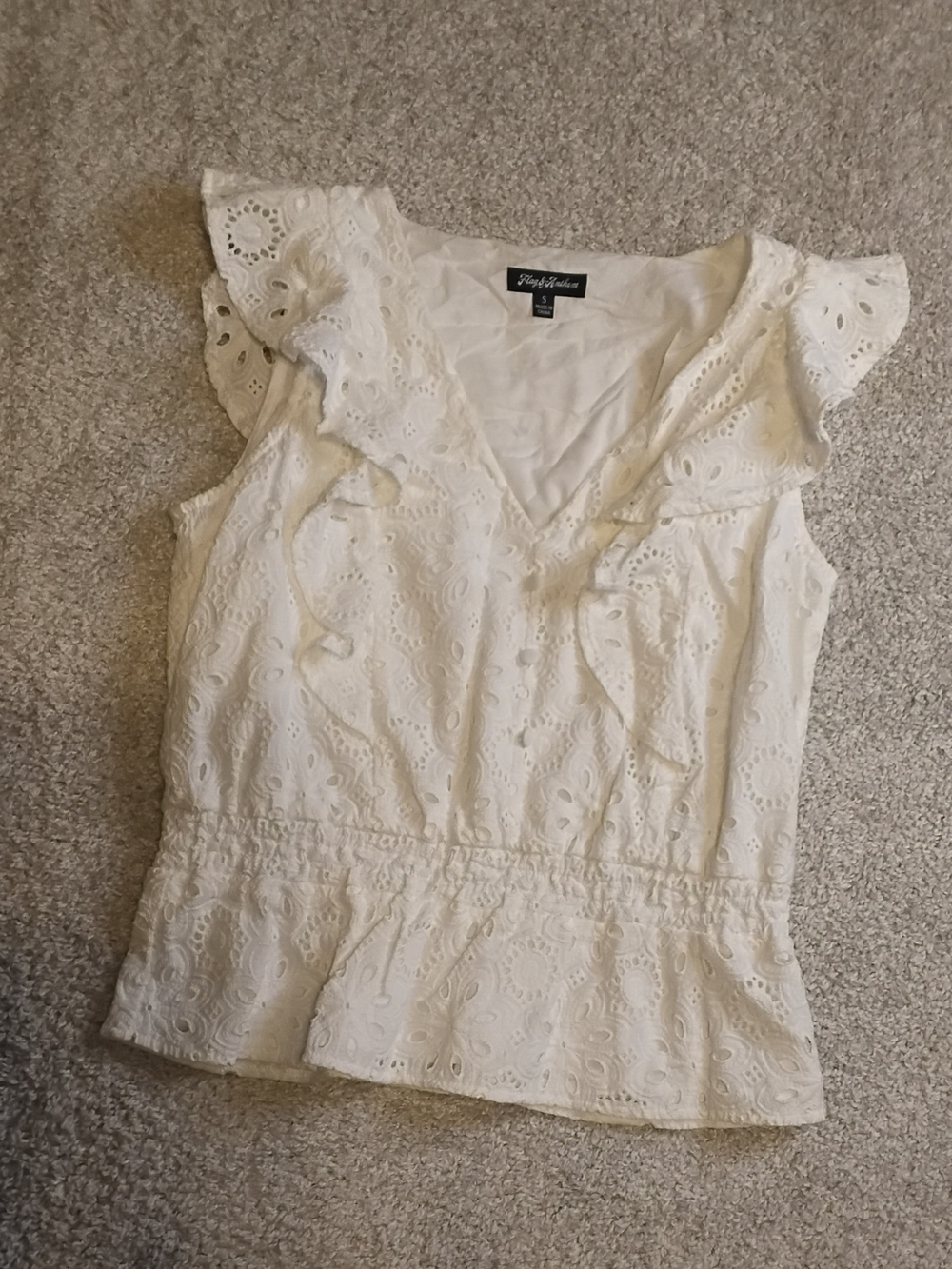 White Eyelet Ruffle V-Neck Top